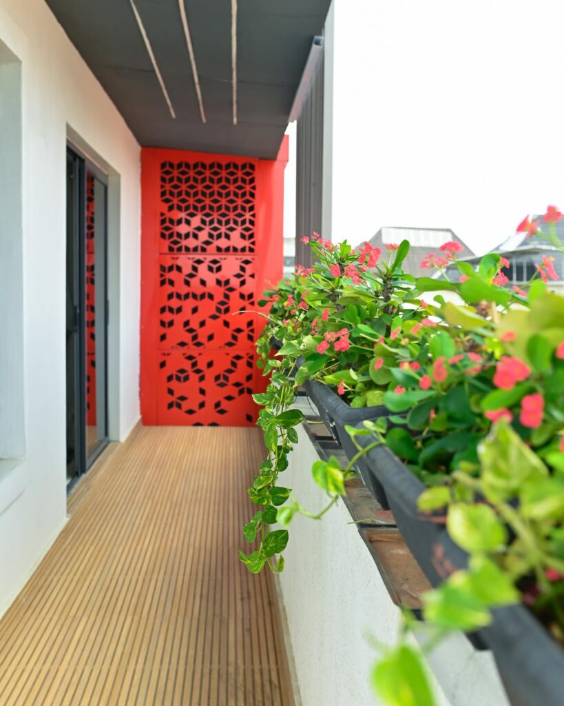 Comfortable outdoor seating area on the balcony of our luxury shortlet apartments in Lagos