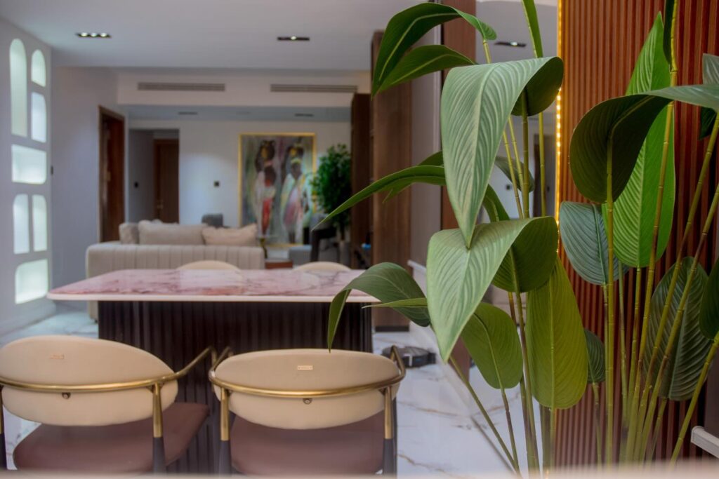 Plush, comfortable sofa for relaxation in our luxury shortlet Lekki lounge.