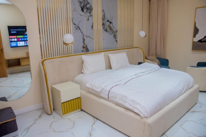 Large wardrobe storage space in the bedroom of a Premium Serviced Short Let Apartment.